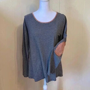 Umgee Gray & White Stripe Long Sleeve Top Brown Trim & Elbow Pads Size Medium.